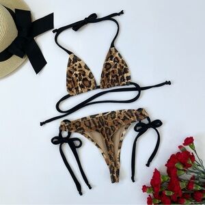 Leopard Print Bikini with Black Ties